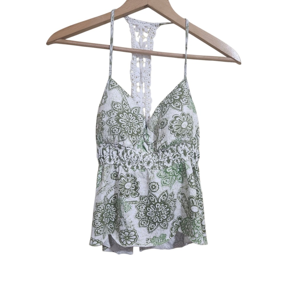 Self Easteem Cami Tank Top White Green Floral Crochet Details Y2K Style Large